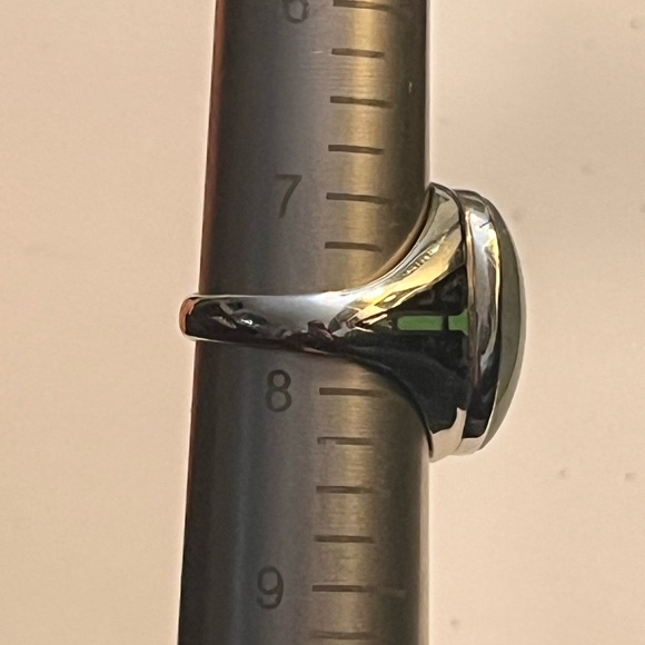 ANTIQUE 10K WHITE GOLD "UNISEX" RING w/NATURAL GREEN MOONSTONE&ENAMELS, ART DECO - Picture 4 of 12